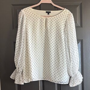 Talbots Cream Blouse with Black Polka Dots and Pleated Sleeves